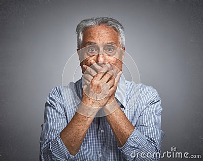 Scared afraid senior man fear. Stock Photo