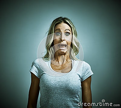 Scared afraid young woman fear. Stock Photo