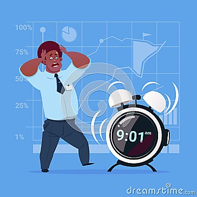 Scared African American Business Man With Alarm Clock Deadline Time Management Concept Vector Illustration