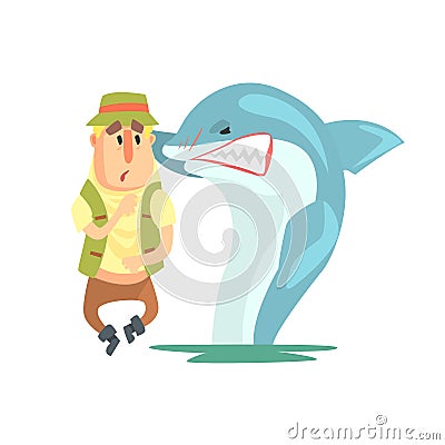 Scared Amateur Fisherman In Khaki Clothes Meeting A Shark Cartoon Vector Character And His Hobby Illustration Vector Illustration