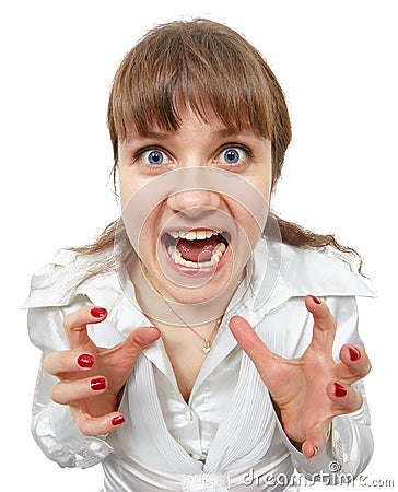 Scared amusing young woman shouts Stock Photo