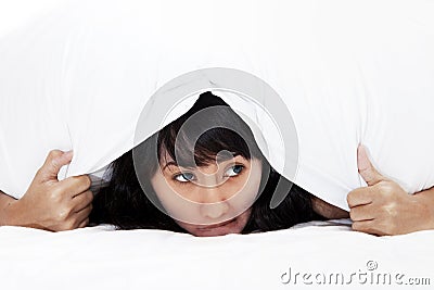 Scared Asian Woman Hiding Stock Photo