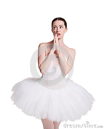 Scared ballerina portrait isolated on white background Stock Photo