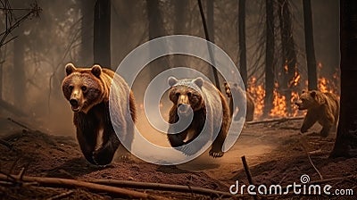 Scared bear family runs away from forest fire, largest wildfire in woods natural disaster Stock Photo