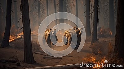 Scared bear family runs away from forest fire, largest wildfire in woods natural disaster Stock Photo