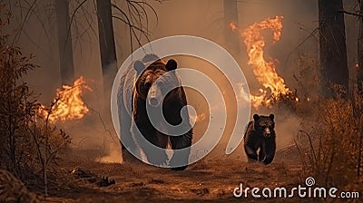 Scared bear family runs away from forest fire, largest wildfire in woods natural disaster Stock Photo