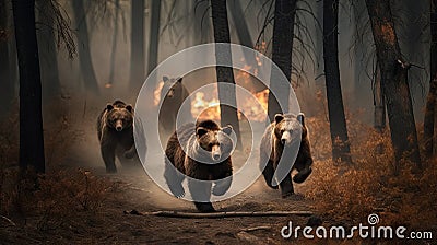 Scared bear family runs away from forest fire, largest wildfire in woods natural disaster Stock Photo