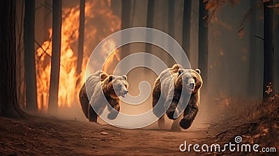 Scared bear family runs away from forest fire, largest wildfire in woods natural disaster Stock Photo