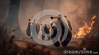 Scared bear family runs away from forest fire, largest wildfire in woods natural disaster Stock Photo