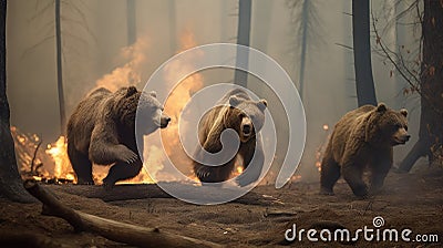 Scared bear family runs away from forest fire, largest wildfire in woods natural disaster Stock Photo