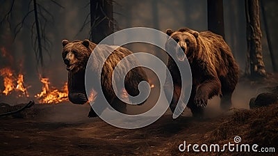 Scared bear family runs away from forest fire, largest wildfire in woods natural disaster Stock Photo