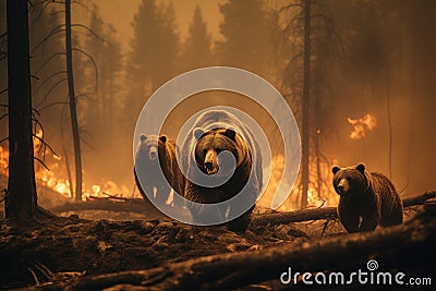 Scared bear runs away from forest fire, largest wildfire in woods natural disaster. generative AI Stock Photo