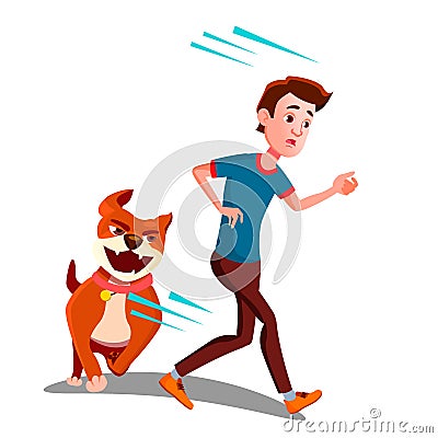 Scared Boy Runs Away From The Dog Vector. Isolated Illustration Vector Illustration