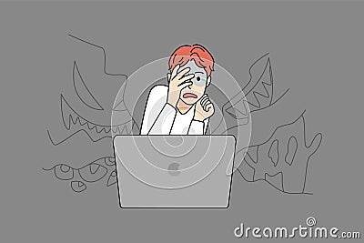 Scared boy watch horror movie on computer Vector Illustration