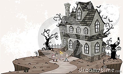 Scared cartoon kids in front of haunted house. Vector Illustration