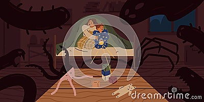 Scared children sit on bed under blanket with flashlight vector flat illustration. Little girls afraid shadow of Vector Illustration