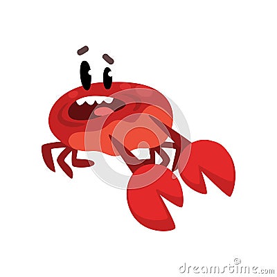 Scared crab character, cute sea creature with funny face vector Illustration on a white background Vector Illustration