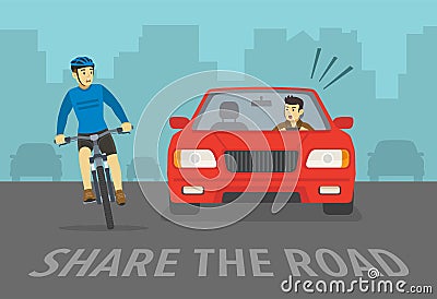 Scared cyclist turned his head and looking at red sedan car. Front view of cycling bike rider and agressive angry car driver. Vector Illustration