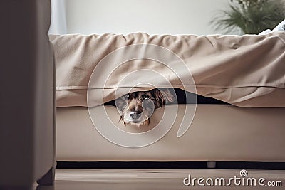 Scared dog hiding inside sofa. Generative AI Cartoon Illustration