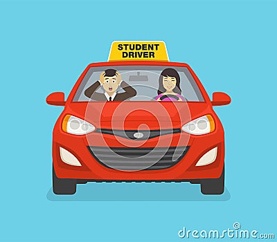 Scared driving school instructor sitting in car next to a female student driver. Woman driving a red car. Vector Illustration