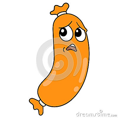 Scared faced meat flavored long sausage sosis, doodle icon drawing Vector Illustration