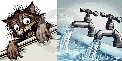 Scared frenzied cat cling to bathtub edge water taps rushing water Cartoon Illustration