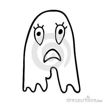 Scared ghost isolated outline doodle style on white background. Vector Illustration