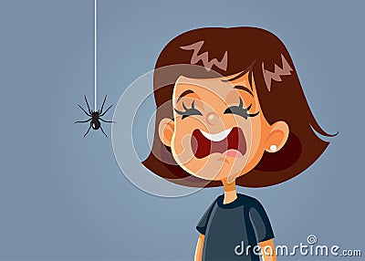 Scared Girl Being Afraid of a Spider Vector Cartoon Vector Illustration