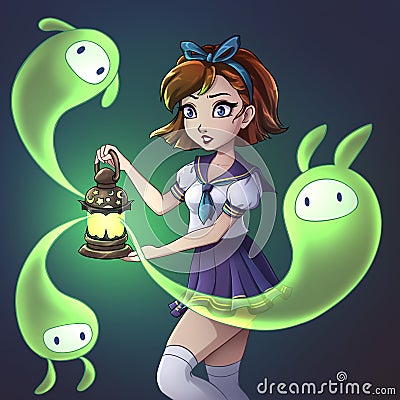Scared girl holding magic lantern. Cute funny blue ghosts Cartoon Illustration