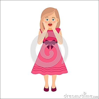 Scared girl in pink dress Vector Illustration