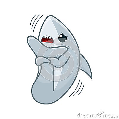 Cartoon illustration of scared grey shark character Vector Illustration