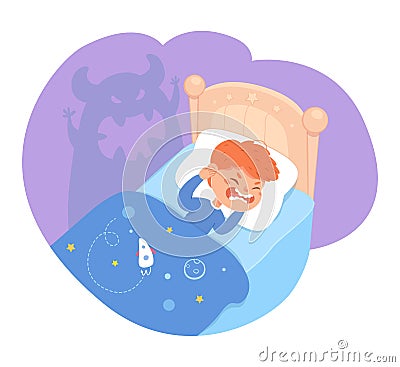 Scared kid dreaming of scary monster sleeping in bed. Childhood fears vector illustration. Small freightened boy having Vector Illustration