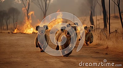 Scared koalas family runs away from grassland fire, largest prairie wildfire natural disaster Stock Photo