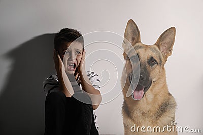 Scared little boy suffering from cynophobia on background. Irrational fear of dogs Stock Photo