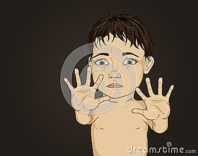 Scared little boy trying to hide putting her hands forward. Stock Photo