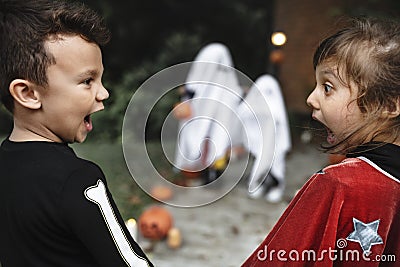 Scared little kids at Halloween Stock Photo