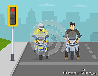 Scared male moto rider looking at police officer. Front view of a bikers waiting on red traffic signal. Vector Illustration