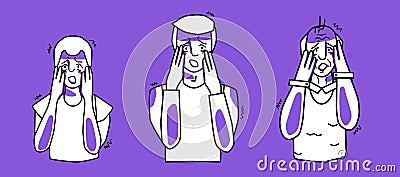 Scared male set. Young, adult and old men are afraid, emotion of fear, cover head with hands. Purple and white color, line art Vector Illustration