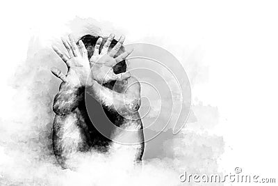 Scared man lift hand up for say stop, to protect himself. anti human trafficking campaign. black and white color painting brush Stock Photo