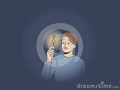 Scared man with lit match in dark Vector Illustration