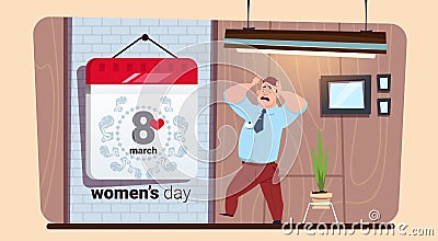 Scared Man Looking At Calendar 8 March Happy Women Day Creative Greeting Card Vector Illustration