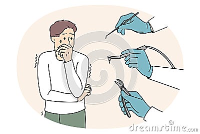 Scared man stressed with dental tools and dentist Vector Illustration