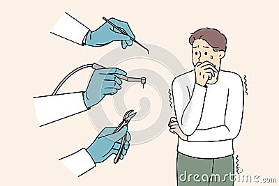 Scared man stressed with dental tools and dentist Vector Illustration