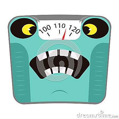 Scared mechanical bathroom scale with big weight on the dial. Concept obesity and unhealthy lifestyle. Cartoon character. Vector Illustration