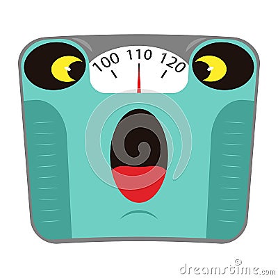 Scared mechanical bathroom scale with big weight on the dial. Concept obesity and unhealthy lifestyle. Cartoon character. Vector Illustration