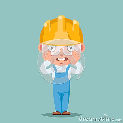 Scared panic shock cute builder engeneer mascot cartoon characters set design vector illustration Vector Illustration