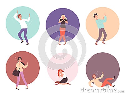 Scared people. Horrified attack characters in action poses reaction on face scared emotions vector persons Vector Illustration