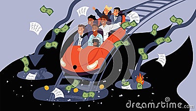 Scared people rushing in abyss on roller coaster. Financial crisis allegory. Economical collapse. Company bankruptcy Vector Illustration