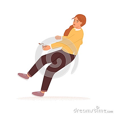 Scared person with coffee cup stumbling and falling down. Accident fall of frightened woman. Concept of failure or fear Vector Illustration