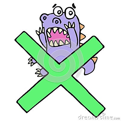 Scared purple dragon and big green cross mark. Vector illustration. Vector Illustration